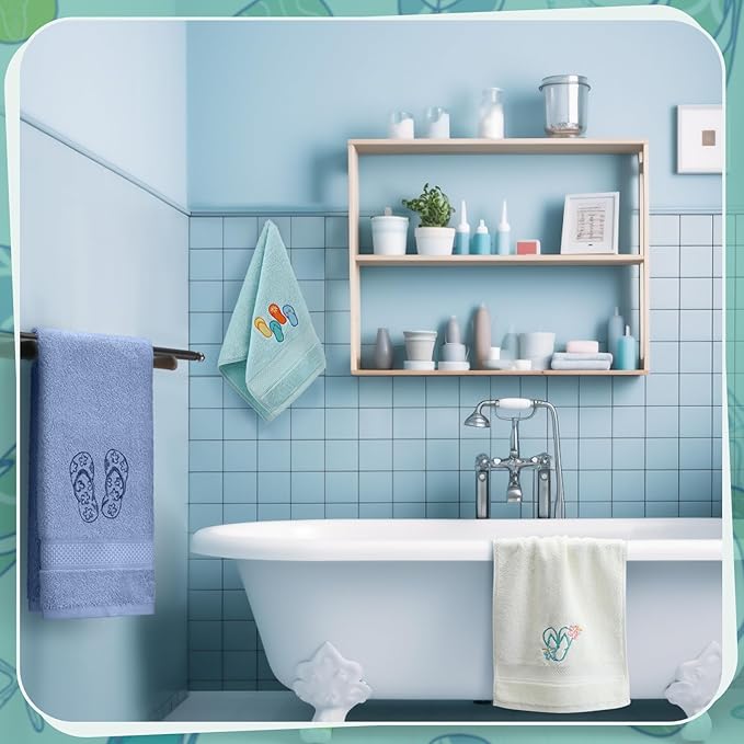 3 Pack Coastal Hand Towels for Bathroom 100% Cotton Embroidered Beach Bathroom Towels 13.78 x 29.53 Inch Soft Absorbent (Flip Flops)