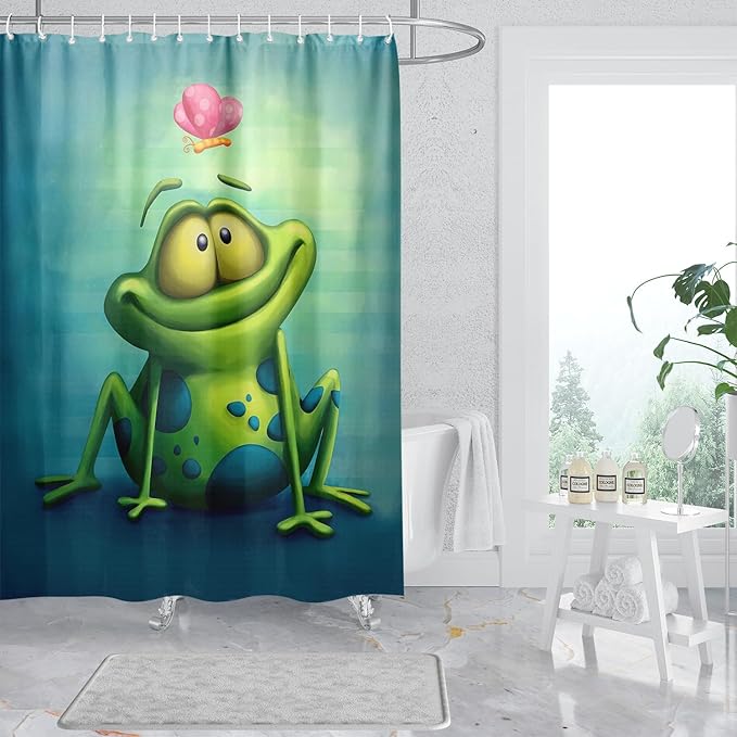 4 Pieces Cute Frog and Lotus Flower Shower Curtain Set Bathroom Mats Set, Non-Slip Rug Carpet Toilet Cover Shower Curtain