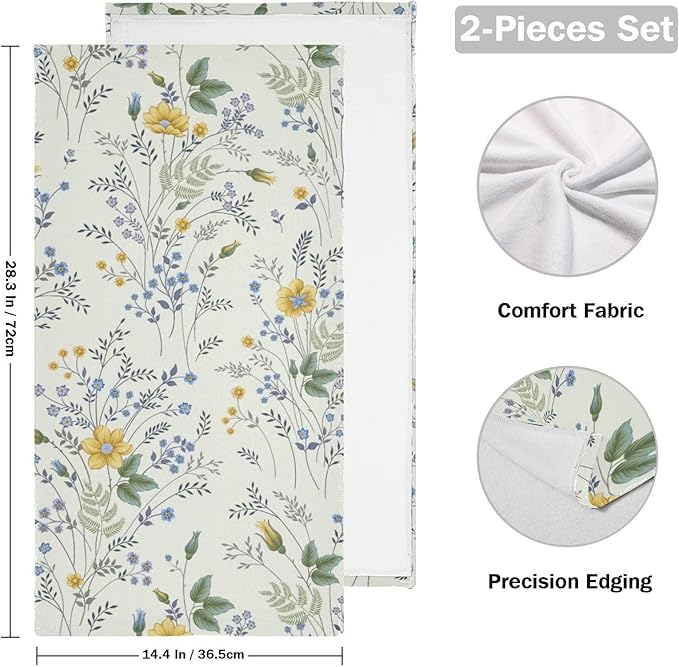2 Pcs Vintage Blue Yellow Wildflower Hand Towels for Bathroom,Soft Absorbent Green Leaf Botanical Dish Towels for Kitchen,Farmhouse Decorative Bathroom Towels for Bath,Face,Shower 14"x28"
