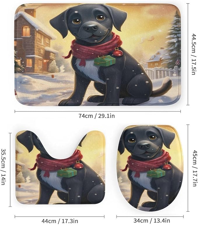 4 Piece Shower Curtain Sets Rug Toilet Lid Cover and Non-Slip U Shape Mat Happy New Year Black Labrador Durable and Waterproof Labrador Lover Gifts for Bathroom Decor