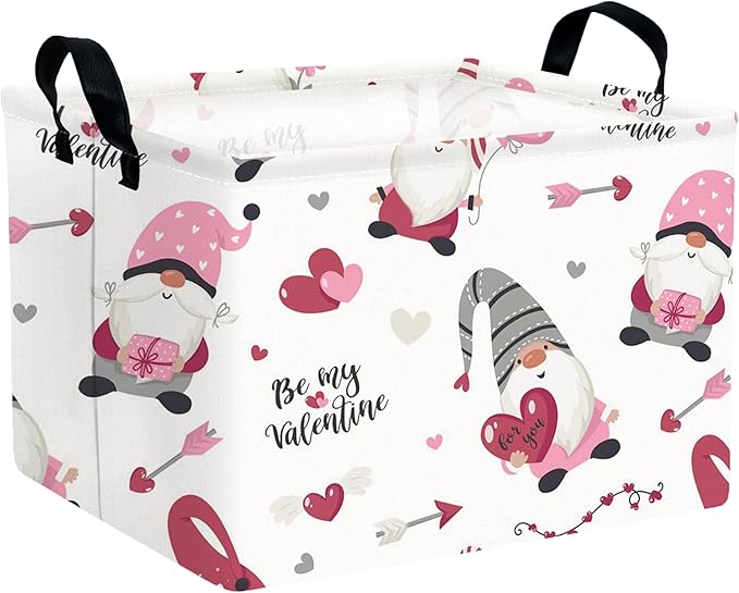 Large Valentine's Day Basket Heart Shaped Storage Bin for Gifts Collapsible Organizer Room Decor (Arrow Gnome Love)