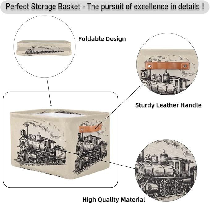 Large Storage Baskets for Organizing Shelves Vintage Steam Locomotive Train Foldable Cube Storage Bins with Handles Rectangle Fabric Closet Organizers for Home Toys Clothes, 1 Pack