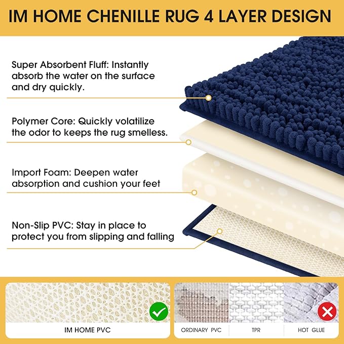ACCUMTEK Extra Long Upgrade Luxury Navy Blue Bathroom Rug Mat 70"x24", Ultra Soft Thick Absorbent Bath Mats, Non Slip Chenille Toilet Mat for Bathroom, Bedroom, Kitchen, Shower, Tub