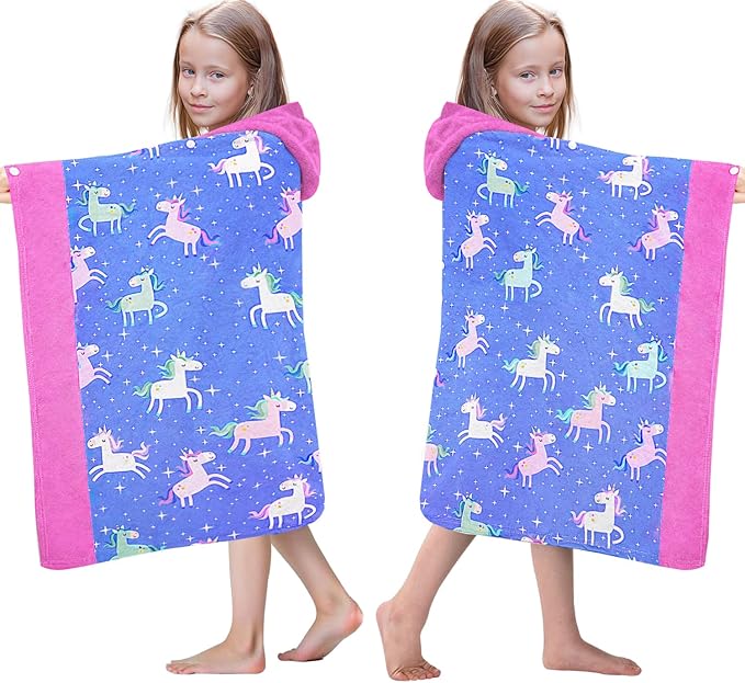 Hooded Beach Towel for Kids - Soft Thick Cotton Starry Sky Unicorn Toddler Hood Bath Towels/Pool Terry Towel Poncho Wrap Absorbent Cute Bath & Swim Wrap for Boys & Girls 3-10 Years - Blue