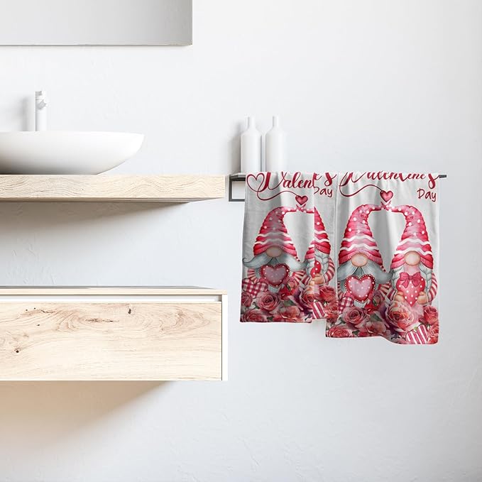 Happy Valentine's Day Hand Bath Towel Set of 2 Soft Absorbent Pink Red Love Heart Flowers Dishtowel Romantic Gnome Bouquet Tea Towels Cooking Wash Cloth for Kitchen Bar Beach Gym Spa Decor 14x28 Inch
