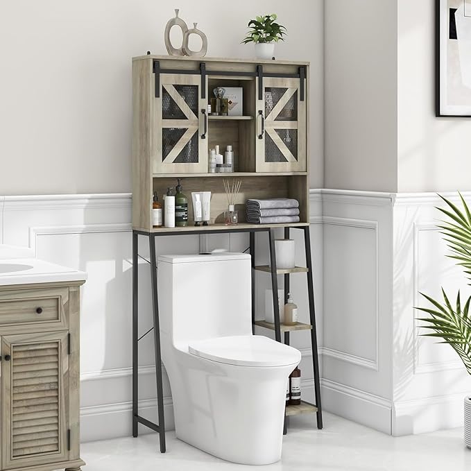 Vabches Over The Toilet Storage Cabinet, Farmhouse Storage Cabinet Over Toilet with Sliding Barn Door，Home Space-Saving Toilet Rack, for Bathroom, Restroom, Laundry(Grey).