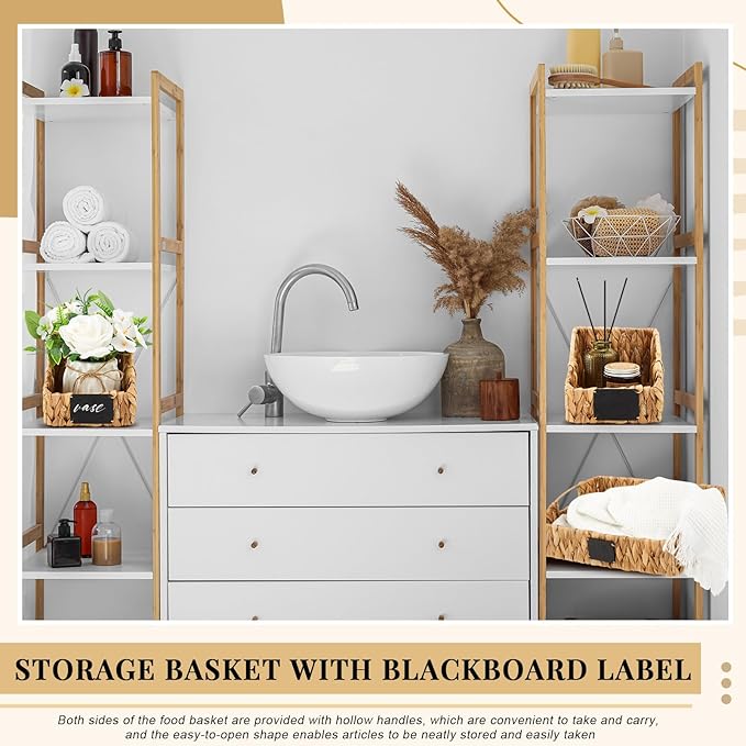4 Pcs Hyacinth Storage Set Stackable Handwoven Wicker Baskets with Chalkboard Label Handles Woven Container Kitchen Large Small for Pantry Shelves Food Home Bathroom Decor