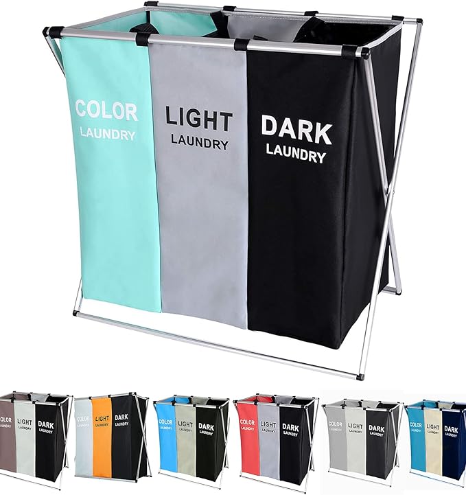 135L Laundry Cloth Hamper Sorter Basket Bin Foldable 3 Sections with Aluminum Frame 26''×24''H Washing Storage Dirty Clothes Bag for Bathroom Bedroom Home Storage basket (3 Liner, Green+grey+black)
