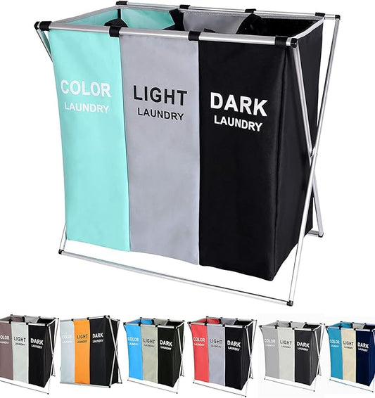 135L Laundry Cloth Hamper Sorter Basket Bin Foldable 3 Sections with Aluminum Frame 26''×24''H Washing Storage Dirty Clothes Bag for Bathroom Bedroom Home Storage basket (3 Liner, Green+grey+black)