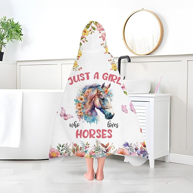 Horse Hooded Bath Towels for Girls,Soft Cotton Swimming Shower Beach Blanket (Horse)