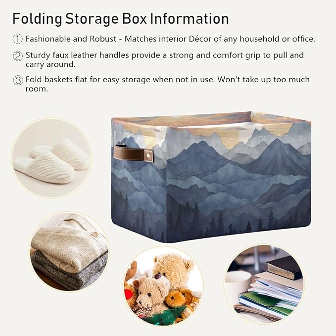 YETTASBIN Nature Mountain Storage Basket 1pc, Large Collapsible Toys Clothes Organizer, Durable Canvas Storage Bin with Handle for Shelves Closet Laundry Home Office Decor