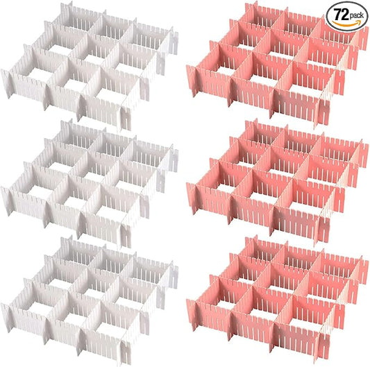 72-Piece DIY Grid Drawer Organizer - 12.6 Inch Adjustable Drawer Dividers for Sock, Underwear, Scarf - 36 White, 36 Pink