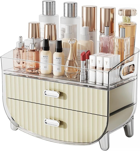 LAMU Makeup Organizer With 2 Drawers, Bathroom Storage With Four Non-Slip Feet And Dust-Proof, Simple And Stylish For Desktop, Vanity, Bathroom Countertops, White, Ideal Christmas Gifts for Girls