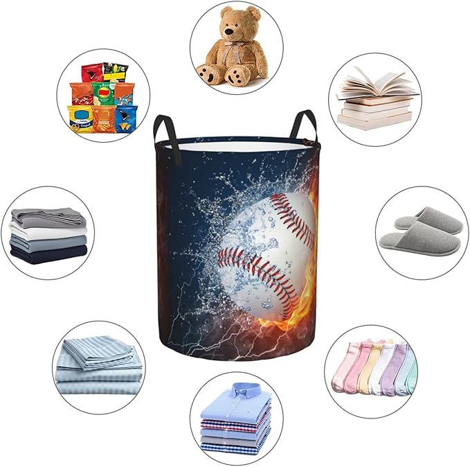 Sport Baseball Ball In Fire And Water Round Laundry Hamper Storage Basket Toys Clothes Organizer Bin For Home Bathroom Bedroom Dorm Nursery, 38l