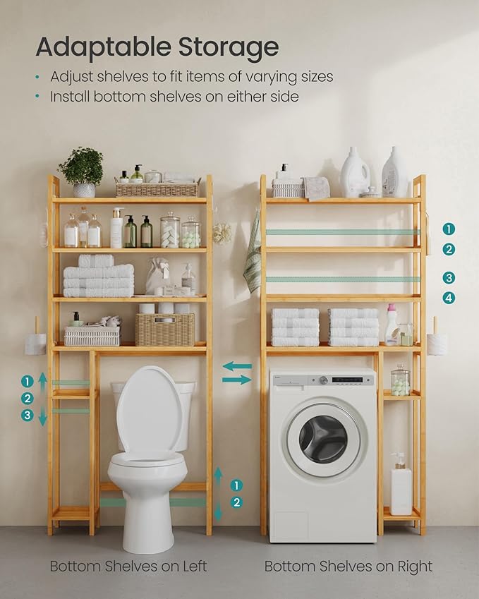 SONGMICS Over The Toilet Storage, 4-Tier Over Toilet Bathroom Organizer with Adjustable Shelves, 10.2 x 32.7 x 72.8 Inches, Space-Saving, Natural Beige UBTS017N01