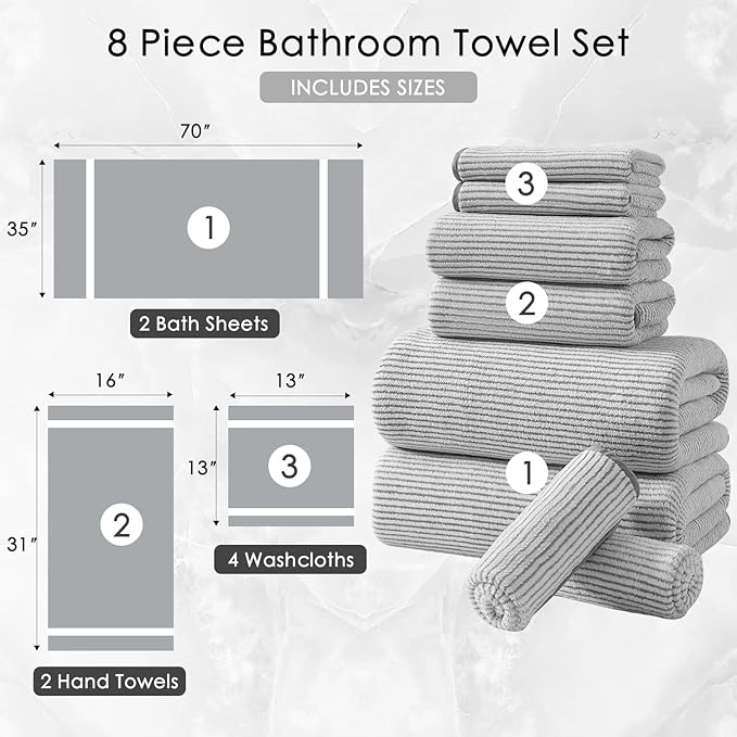 8-Piece Premium Towel Set for Bathroom|2 Oversized Large Bath Sheet,2 Hand Towels,4 Washcloths|Soft Cozy Highly Absorbent Fast Dry Microfiber Shower Towel Set for Hotel Bathroom Essentials,Grey