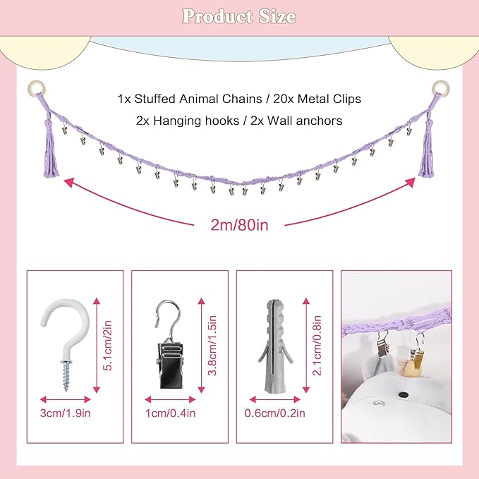 80" Cotton Hanging Storage Chain For Stuffed Animals Storage with 20 Metal Clips, Stuffed Animal Organizer Chain for Wall Corner Nursery Play Room, Purple