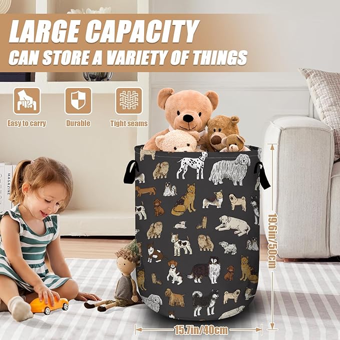 Cute Dogs Laundry Basket, Foldable Dog Lover Laundry Hamper Tote Bag Dirty Clothes Storage Bucket Toy Organizer for Bathroom/Laundry/Bedroom 15.7"x19.6"