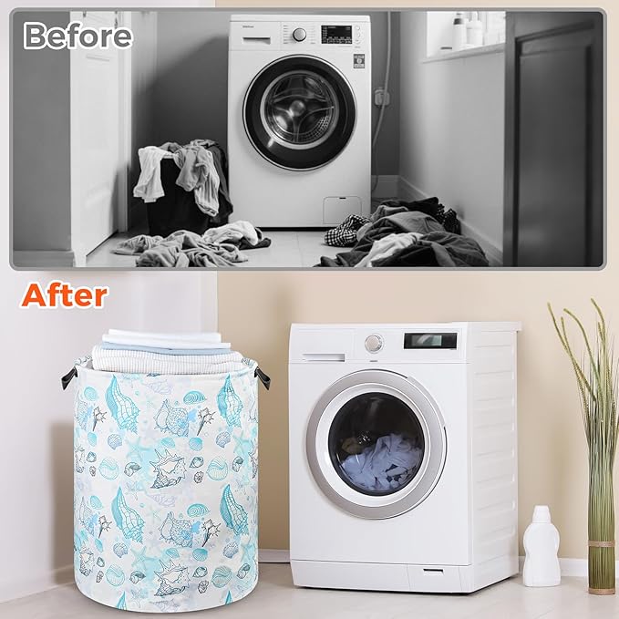 Beach Laundry Basket for Ocean Room Decor Coastal Sea Nursery Hamper Gift for Kids Boys Bin for Bathroom Bedroom Dorm, 17.71"x13.77"