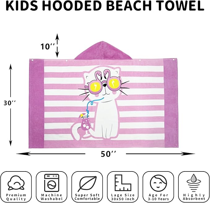Hooded Beach Towel, Microfiber Hooded Beach Towel For Kids Toddler Infant Boy Girl, Beach Towel with Hood For Bath Pool Swim Swimwear Summer Beach Essentials Cartoon Shower Gift (24x50 Inch, Pink Cat)