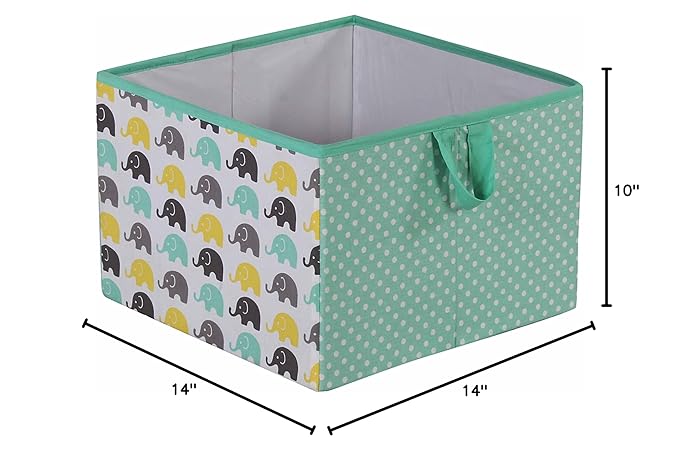 Bacati - Large Storage Tote Elephants Mint/Yellow/Grey14 x 14 x 10 inches