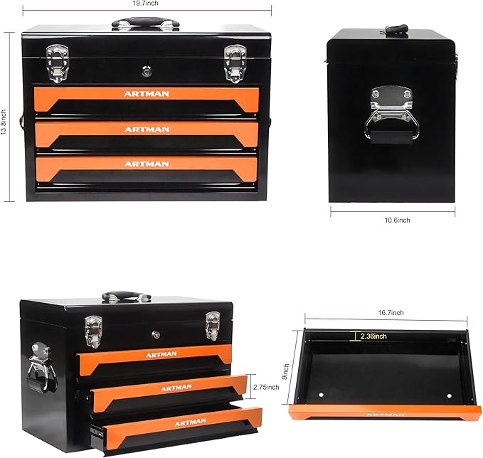 20" Portable 3 Drawer Steel Toolbox,Built in Tool Set,4 Layers of Tools with Metal Latches, with Top Storage Tray and carrying Handle, Multi-Function Tool Storage for Garage, Home,or Workbench