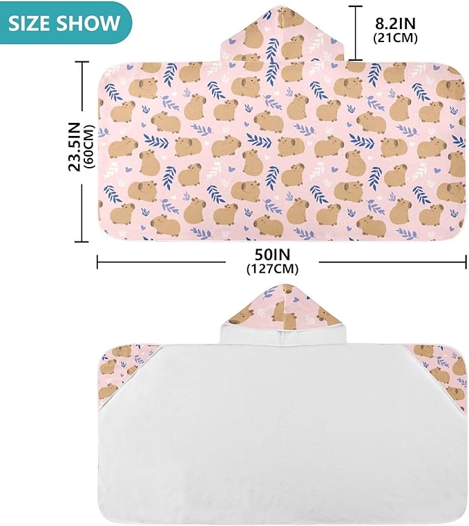 Pink Cute Capybara Hooded Beach Towel for Kids, Kids Bath Hooded Towels for Boys Girls, Super Soft Absorbent Bathrobe with Hood for Swin Pool 50"x23.5"