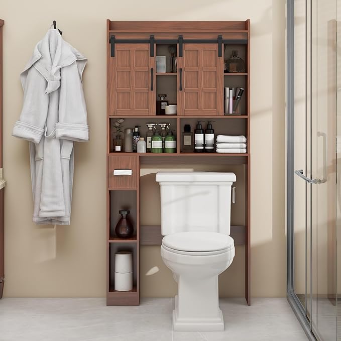 Over The Toilet Storage Cabinet, Farmhouse Storage Cabinet Over Toilet with Sliding Doors，Home Space-Saving Toilet Rack, for Bathroom, Restroom, Laundry. Walnut