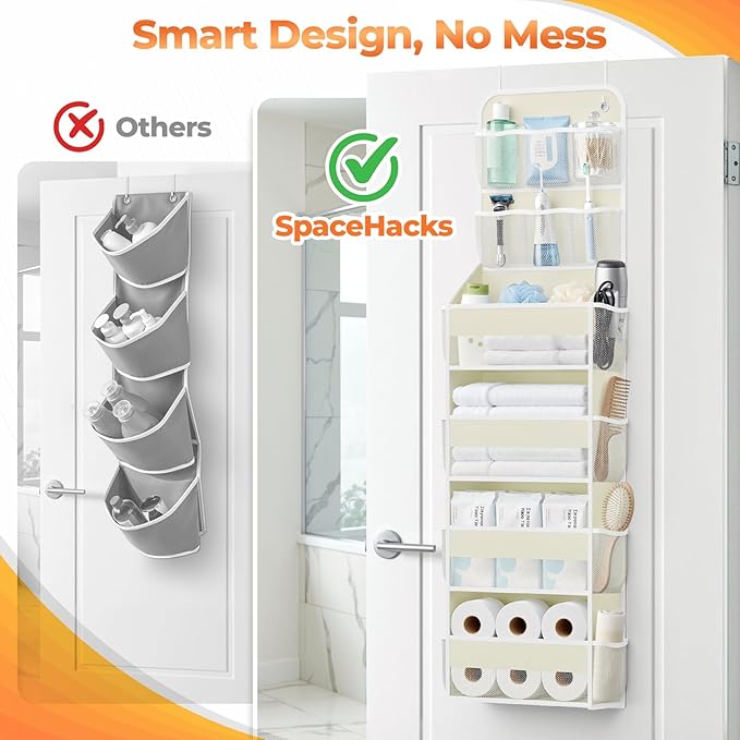 6-Tier Over The Door Organizer with Mesh Pockets, Baby Nursery Storage for Closet, Bathroom and Bedroom, Adjustable Hanging Closet Organizer for Cosmetics, Books and Essentials（Beige）
