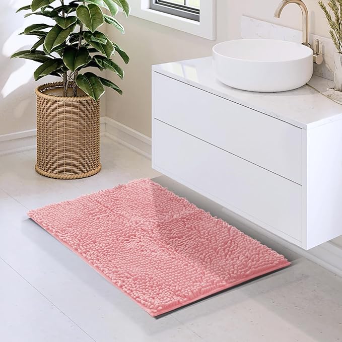 Hearth & Harbor Bathroom Rugs, Chenille Bath Mat - Machine Washable Bath Mats for Bathroom Non-Slip Backing Rubber, Quick Dry Bathroom Mat, 17 x 24 - Pink