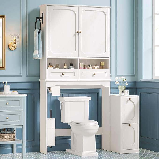 Over The Toilet Storage Cabinet with Free-Standing Cabinet & Towel Holder, Bathroom Storage Cabinet with 4 Section Drawers, Adjustable Shelves & Paper Holder for Bathroom, Laundry Room, White