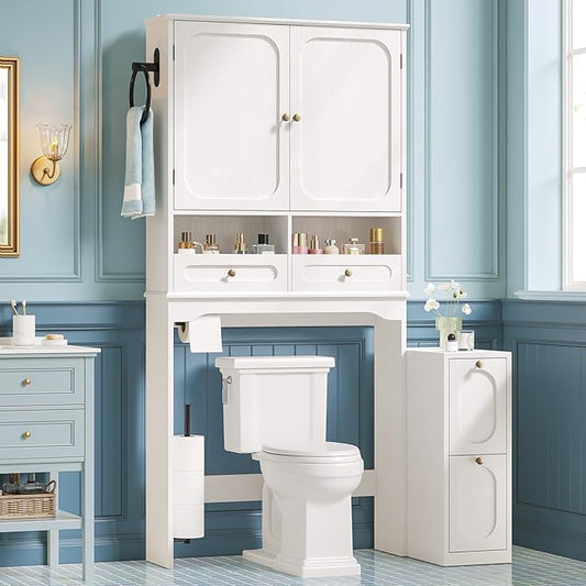 Over The Toilet Storage Cabinet with Free-Standing Cabinet & Towel Holder, Bathroom Storage Cabinet with 4 Section Drawers, Adjustable Shelves & Paper Holder for Bathroom, Laundry Room, White