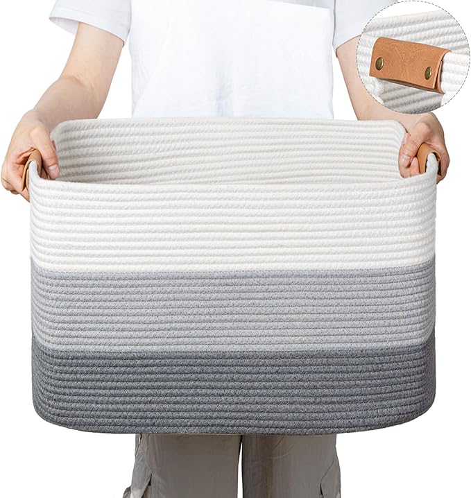 danpinera Large Woven Basket 72L+50L Rectangle Toy Storage Basket for Living Room, Nursery & Laundry, Large Cotton Rope Basket with Leather Handle, Gradient Gray&Brown