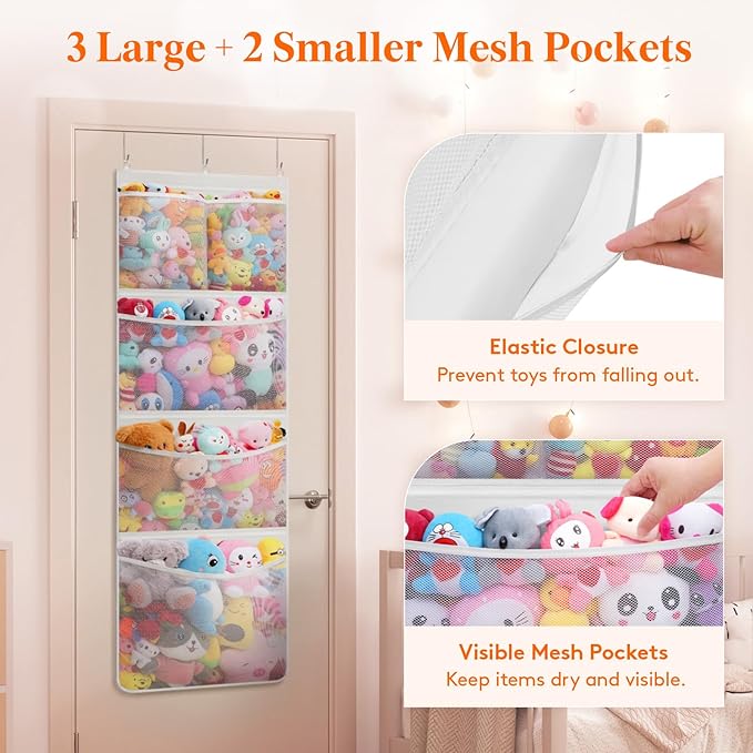 Lifewit Stuffed Animal Storage, Over the Door Organizer with 5 Expandable Mesh Pockets, Breathable Oxford Fabric Hanging Kid Baby Plush Toy Holder for Nursery, 167 cm (65.8'') High, White, 2 Pack