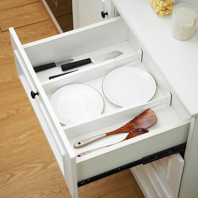 Wesiti 12 Pieces White Bamboo Drawer Dividers Expandable Organization Separators Adjustable Drawer Dividers Dresser Organizer for Kitchen Bedroom(17"-22")