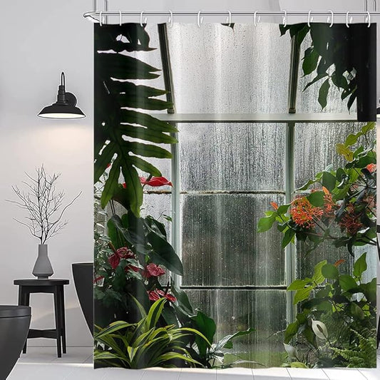 Greenhouse Flower Room Shower Curtains Spring Glass Flowers Green Plants Interior Garden Scenic Machine Washable Fabric Bathroom Curtains Set with Hooks, 72.00" x 72.00"