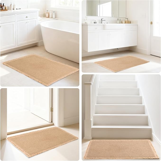Hiasan Waffle Bath Mat, Super Absorbent Non Slip Bathroom Boho Rug with Tassels, Machine Washable Bath Mats for Bathroom, Ultra Soft Rubber Backed Rug, Brown, 24 x 60 Inches