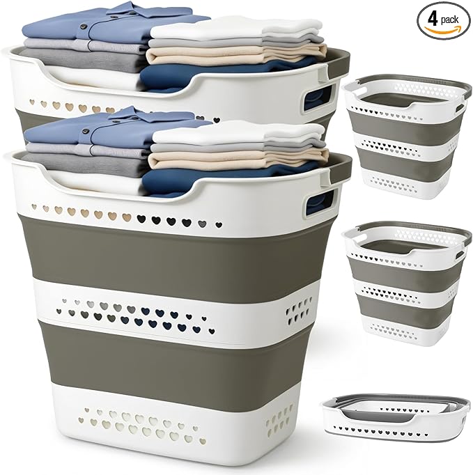 4 Pcs 43L Collapsible Laundry Basket with Handles Foldable Plastic Laundry Basket Pop-up Clothes Storage Organizer Folding Plastic Bin for Household Family Room Organization