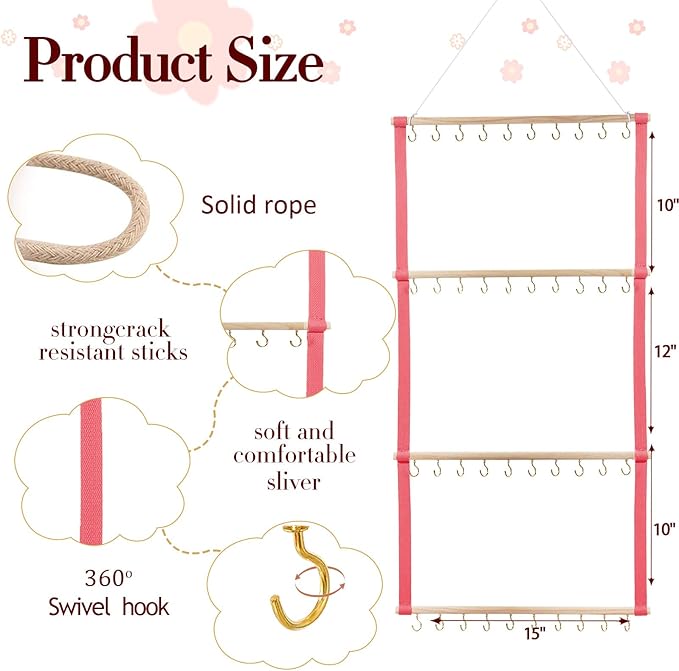 Baby Headband Organizer - Bow Holder & Clip Storage for Girls' Hair Bows - Wall Hanging Decor (Pink)
