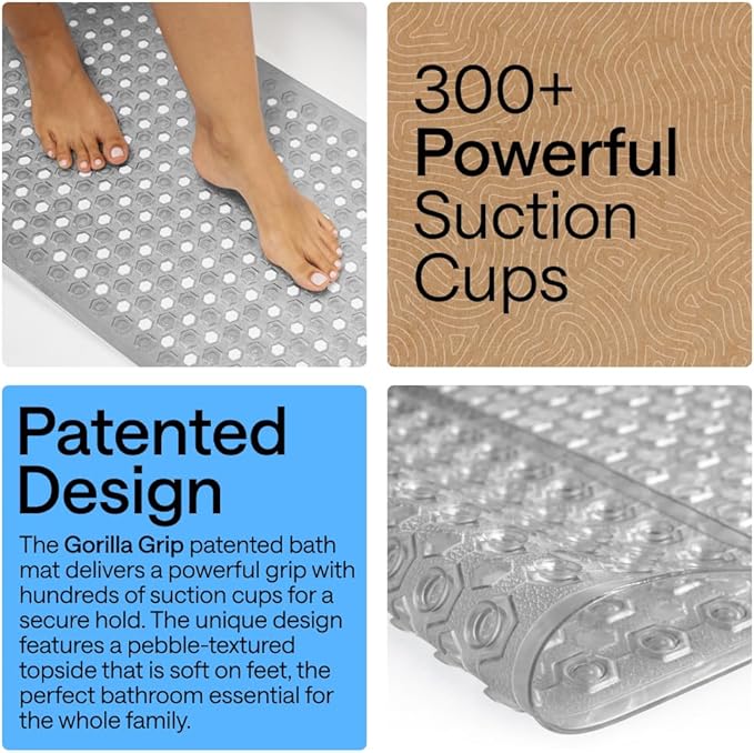 GORILLA GRIP Patented Bath Tub Shower Mat, Machine Washable Bathtub Floor Liner Mats, Suction Cups and Drain Holes to Keep Tubs Clean, Soft on Feet, Bathroom Essentials, 35x16 Inch, Clear Gray