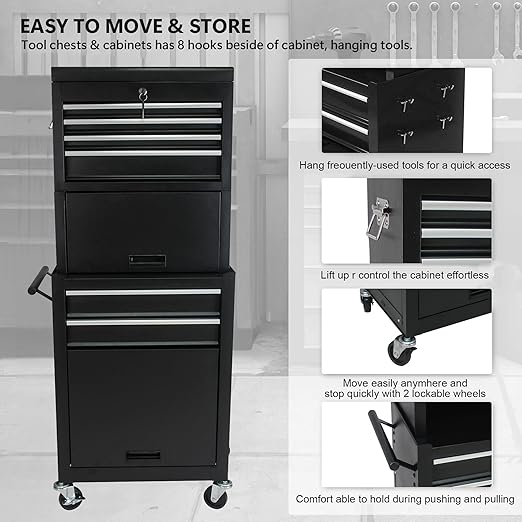 Rolling Tool Chest, Garage Tool Box, 6-Drawer and 2 Cabinets Lockable Tool Cabinet, 2 in 1 Detachable Tool Box Storage Organizer Suitable for Workshops, Warehouses, Repair Shops, Black