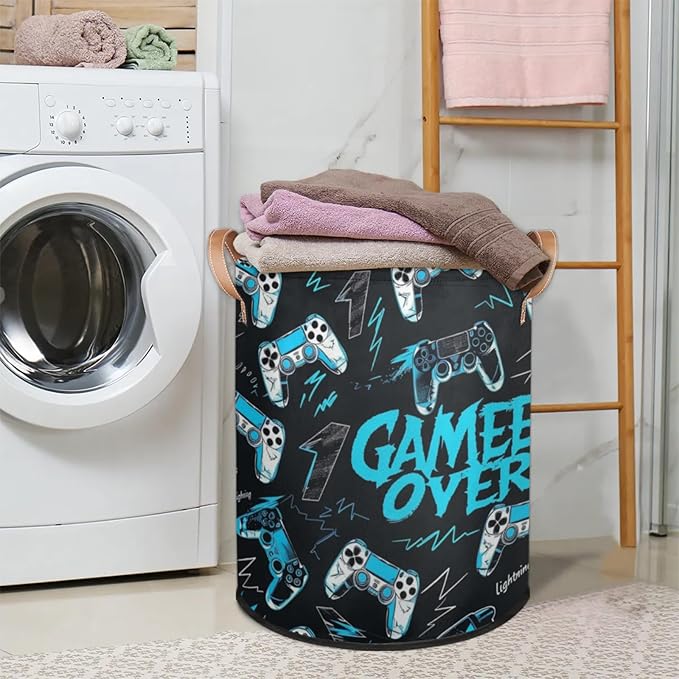 Game Console Laundry Baskets,Round Hamper Basket,Collapsible Large Storage Basket Bins for Dirty Clothes Kids Toys Baby Blanket Organizer Nursery Bedroom Bathroom Storage Decor