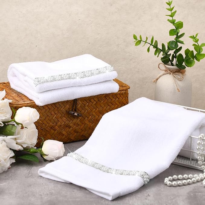 2 Pcs White Sparkling Hand Towels with Pearl for Bathroom 100% Cotton Glitter Soft Elegant Hand Bath Towels Absorbent Machine Washable for Spa Yoga Hotel Sport, 29.5" x 13.8"