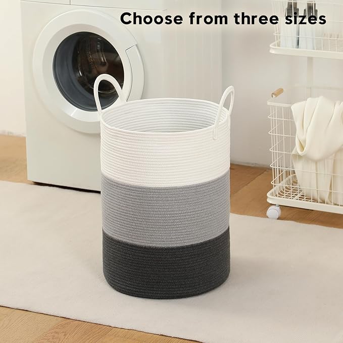 Woven Laundry Hamper Tall Rope Storage Basket for Blanket toys Dirty Clothes in Living Room Bathroom Bedroom (Gradient Grey, 80L/21.3Gal)