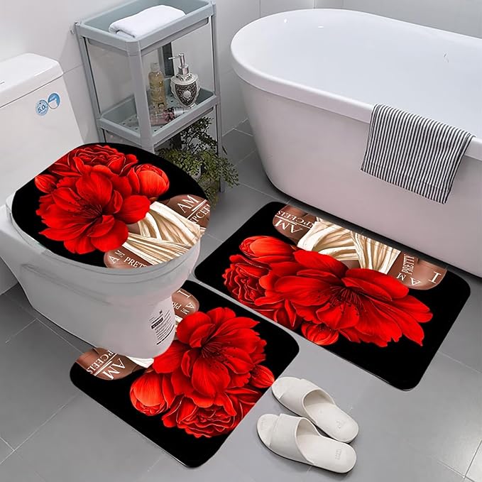 4 Pcs Valentines Red Girl Shower Curtain Sets African American Woman Rose Floral Quotes Non-Slip Rugs Bath Mat Toilet Cover U Shaped Mat Shower Curtain with 12 Hooks Bathroom Set