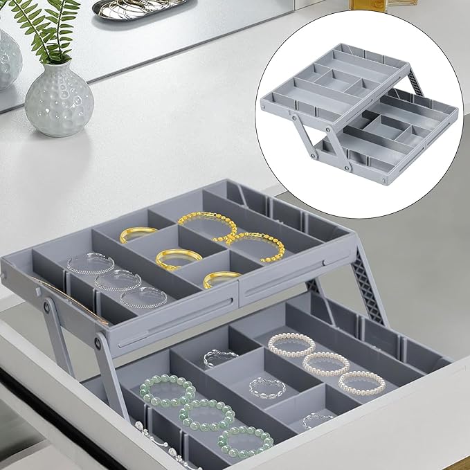 2/3 Tier Drawer Organizer, Collapsible Multi Level Drawer Organizer Tray, Expandable Bathroom Desk Drawer Organizer Trays, Adjustable Compartments Storage Trays for Jewelry (Single Row 2 Tiers)