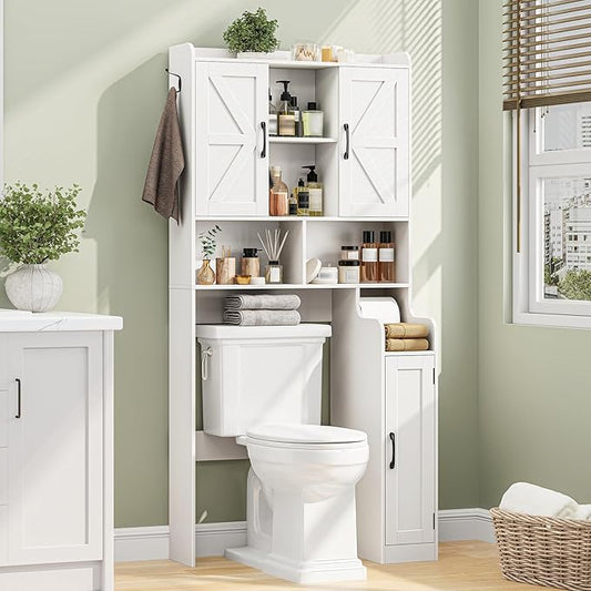 Over The Toilet Storage Cabinet, Bathroom Over Toilet Storage Organizer with Barn Doors & Paper Holder Stand, Farmhouse Space Saving Rack Cabinet with Adjustable Shelves for Bathroom, Laundry (White)