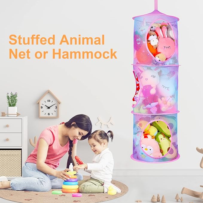 Basumee Stuffed Animals Net or Hammock 2 Pcs Stuffed Animals Storage Toy Net Hammock for Plushies Storage Organizer Mesh Kids Girls Room Decor, Blue and Purple, 3 Tiers