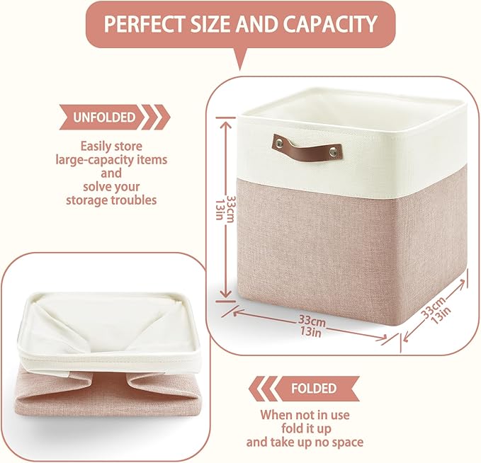 13 Inch Cube Storage Bins,Set of 4, Foldable Storage Basket with PU Handles for Organizing Home, Closet, Laundry, Office, Organizers for Shelves(White/Pink)