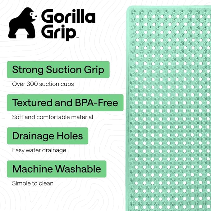 GORILLA GRIP Patented Bath Tub Shower Mat, Machine Washable Bathtub Floor Liner Mats, Suction Cups and Drain Holes to Keep Tubs Clean, Soft on Feet, Bathroom Essentials, 35x16 Inch, Clear Green